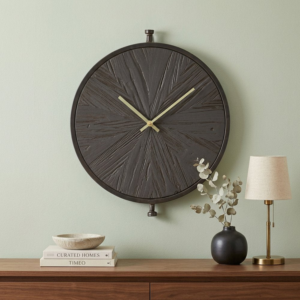 18" Circle Black Wood and Solid Wood Analog Wall Clock