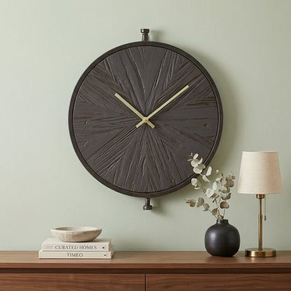 18" Circle Black Wood and Solid Wood Analog Wall Clock