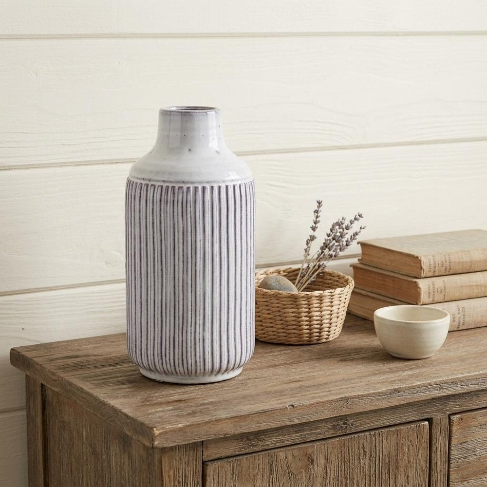 12" Gray And Brown Ribbed Terracotta Cylinder Table Vase