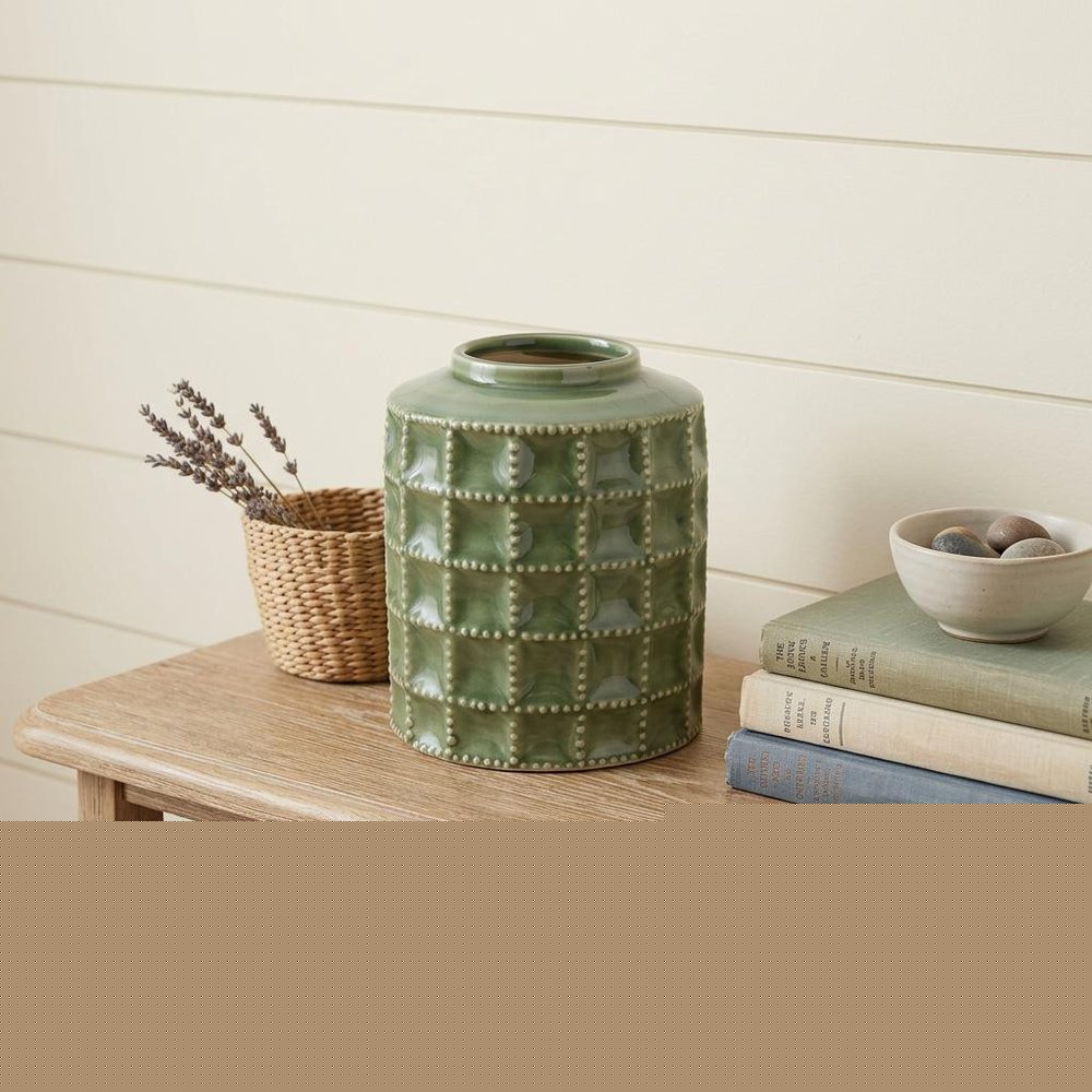 7" Green Terracotta Geometric Cylinder Table Vase
