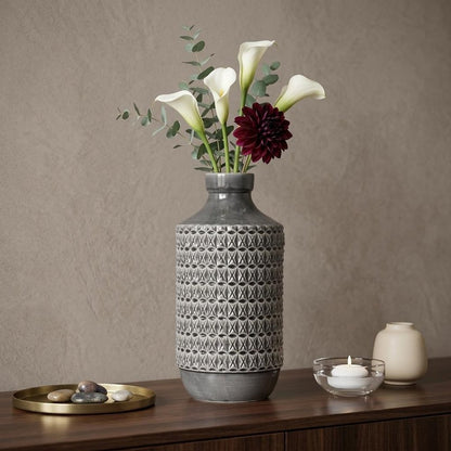 15" Gray Geometric Cylinder Terracotta Table Vase