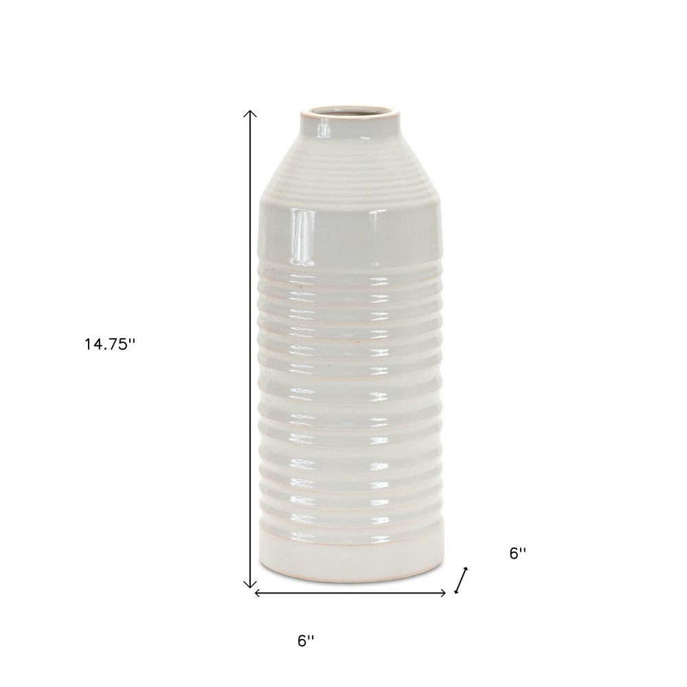 15" White Ribbed Cylinder Terracotta Table Vase