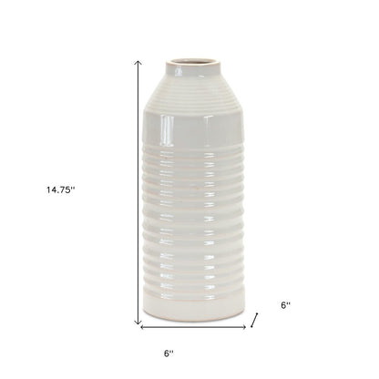 15" White Ribbed Cylinder Terracotta Table Vase