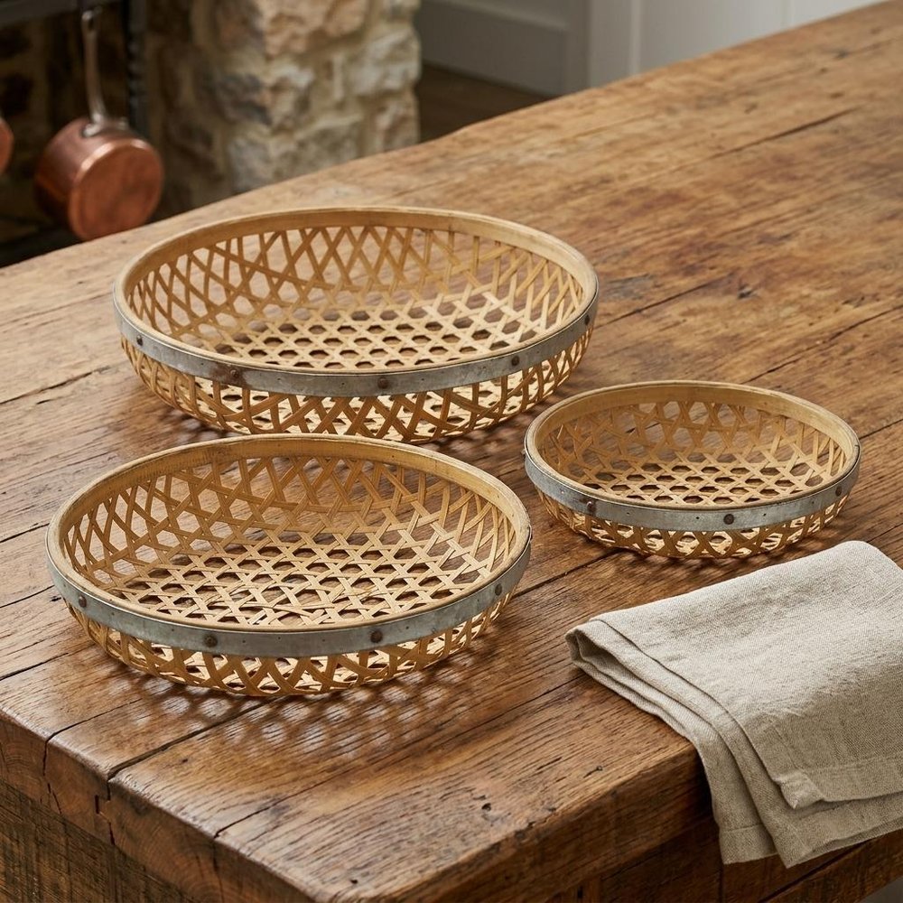 Set Of Three Brown Round Solid Wood Serving Tray