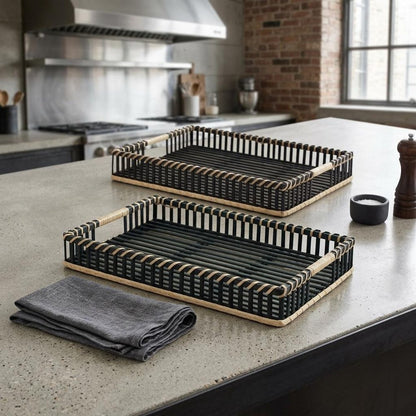 Set of Two Black Rectangular Solid Wood Serving Tray With Handles