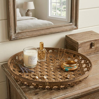26" Brown Bamboo Weave Round Wood Vanity Tray