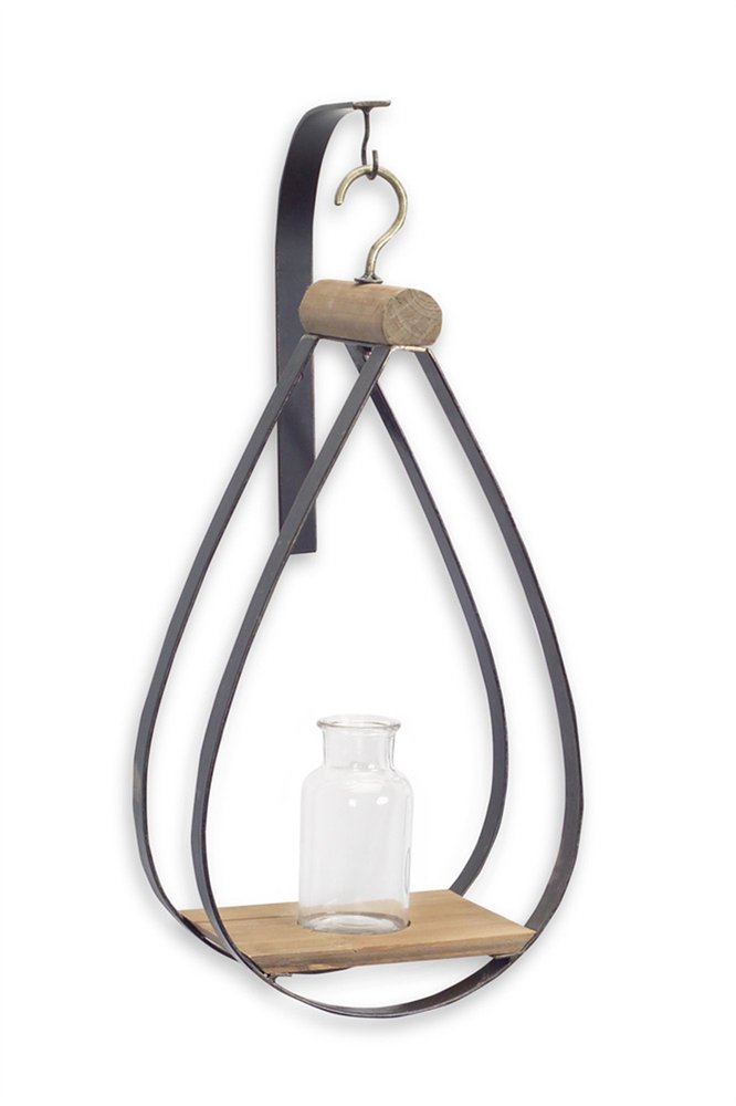 Set of Two Black Brown And Clear Cylinder Glass Metal And Wood Wall Vase