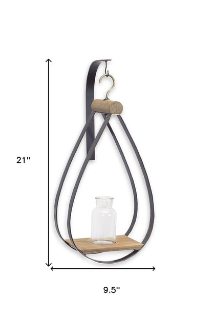 Set of Two Black Brown And Clear Cylinder Glass Metal And Wood Wall Vase