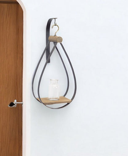 Set of Two Black Brown And Clear Cylinder Glass Metal And Wood Wall Vase