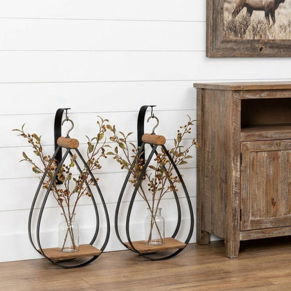 Set of Two Black Brown And Clear Cylinder Glass Metal And Wood Wall Vase