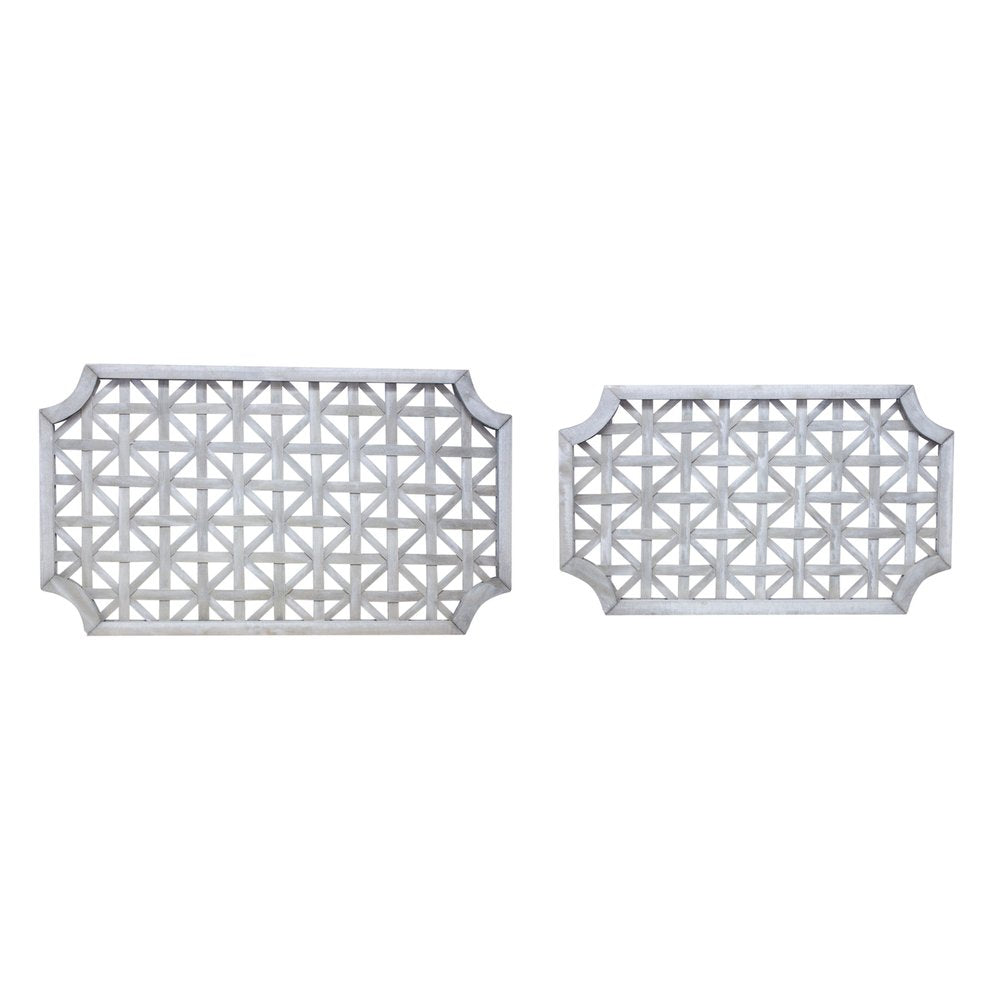 Set of Two Gray Geometric Lattice Wood Hanging Dimensional Sculptures