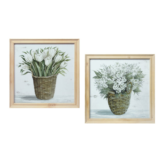Set of Two Natural And Green Bouquet Floral Solid Wood Square Framed Art
