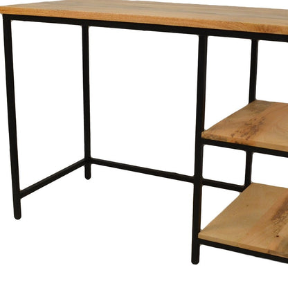 42" Natural and Black Solid Wood and Metal Computer Desk