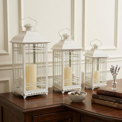 Set of Three Ivory Metal Mirrored Floor Lantern Candle Holders