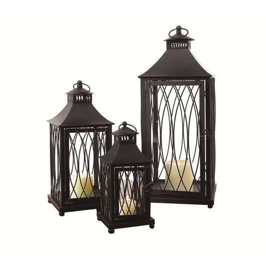 Set of Three Black Geometric Glass And Metal Floor Lantern Candle Holders