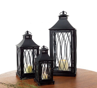 Set of Three Black Geometric Glass And Metal Floor Lantern Candle Holders