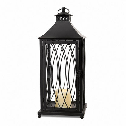 Set of Three Black Geometric Glass And Metal Floor Lantern Candle Holders