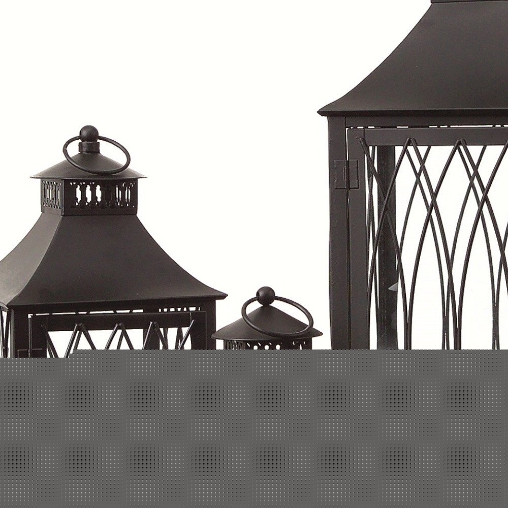 Set of Three Black Geometric Glass And Metal Floor Lantern Candle Holders