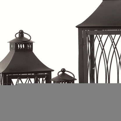 Set of Three Black Geometric Glass And Metal Floor Lantern Candle Holders