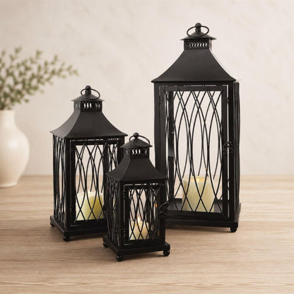 Set of Three Black Geometric Glass And Metal Floor Lantern Candle Holders
