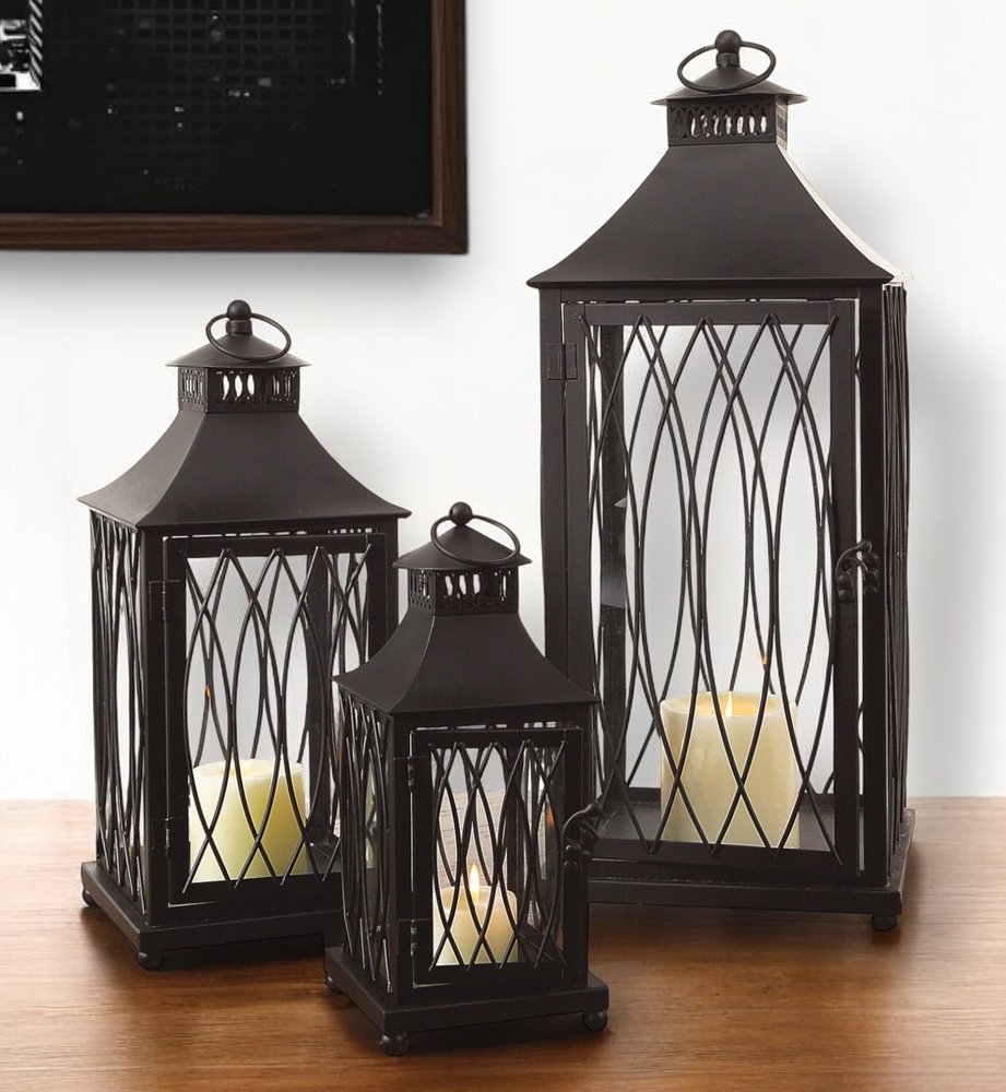 Set of Three Black Geometric Glass And Metal Floor Lantern Candle Holders