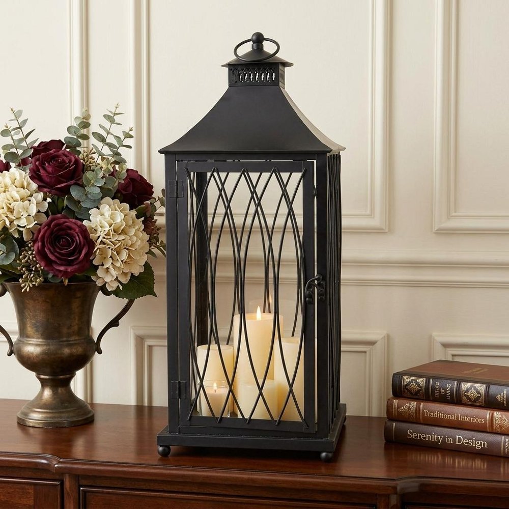 Set of Three Black Geometric Glass And Metal Floor Lantern Candle Holders