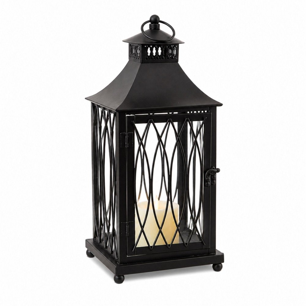 Set of Three Black Geometric Glass And Metal Floor Lantern Candle Holders
