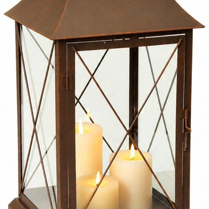 Set of Three Brown Lattice Glass And Metal Floor Lantern Candle Holders