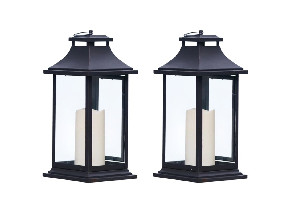 Set of Two Black Floor Lantern Candle Holders With Candles