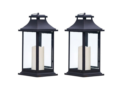 Set of Two Black Floor Lantern Candle Holders With Candles