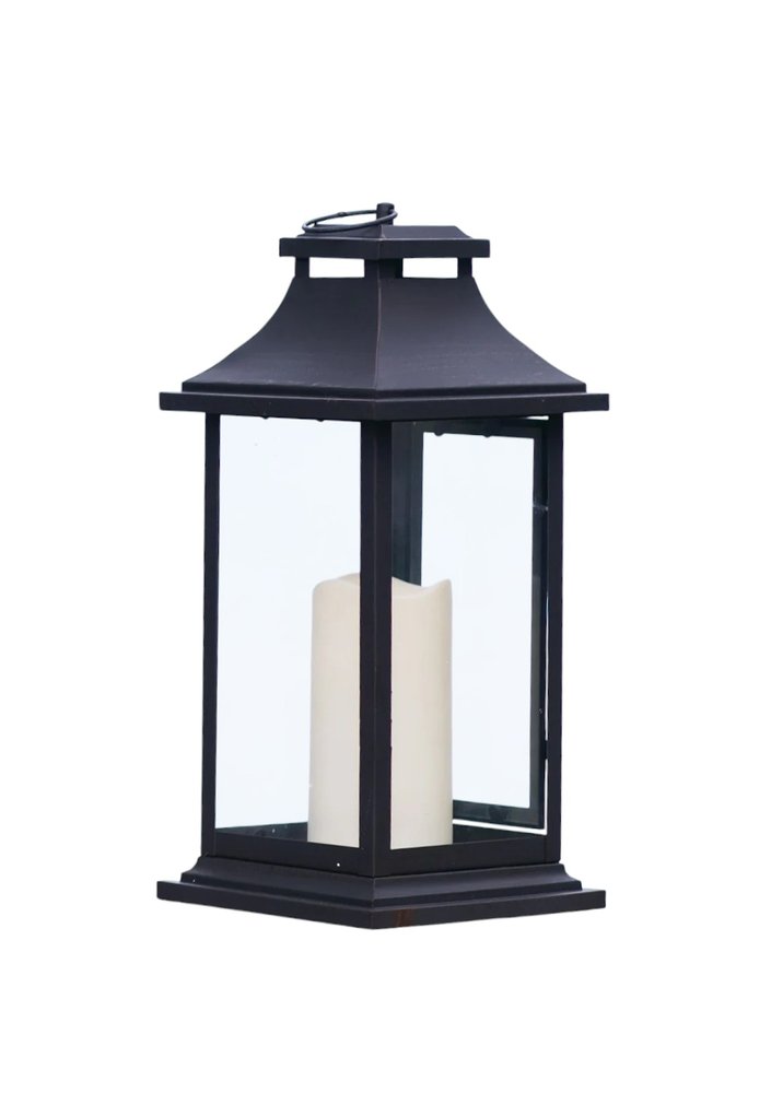 Set of Two Black Floor Lantern Candle Holders With Candles