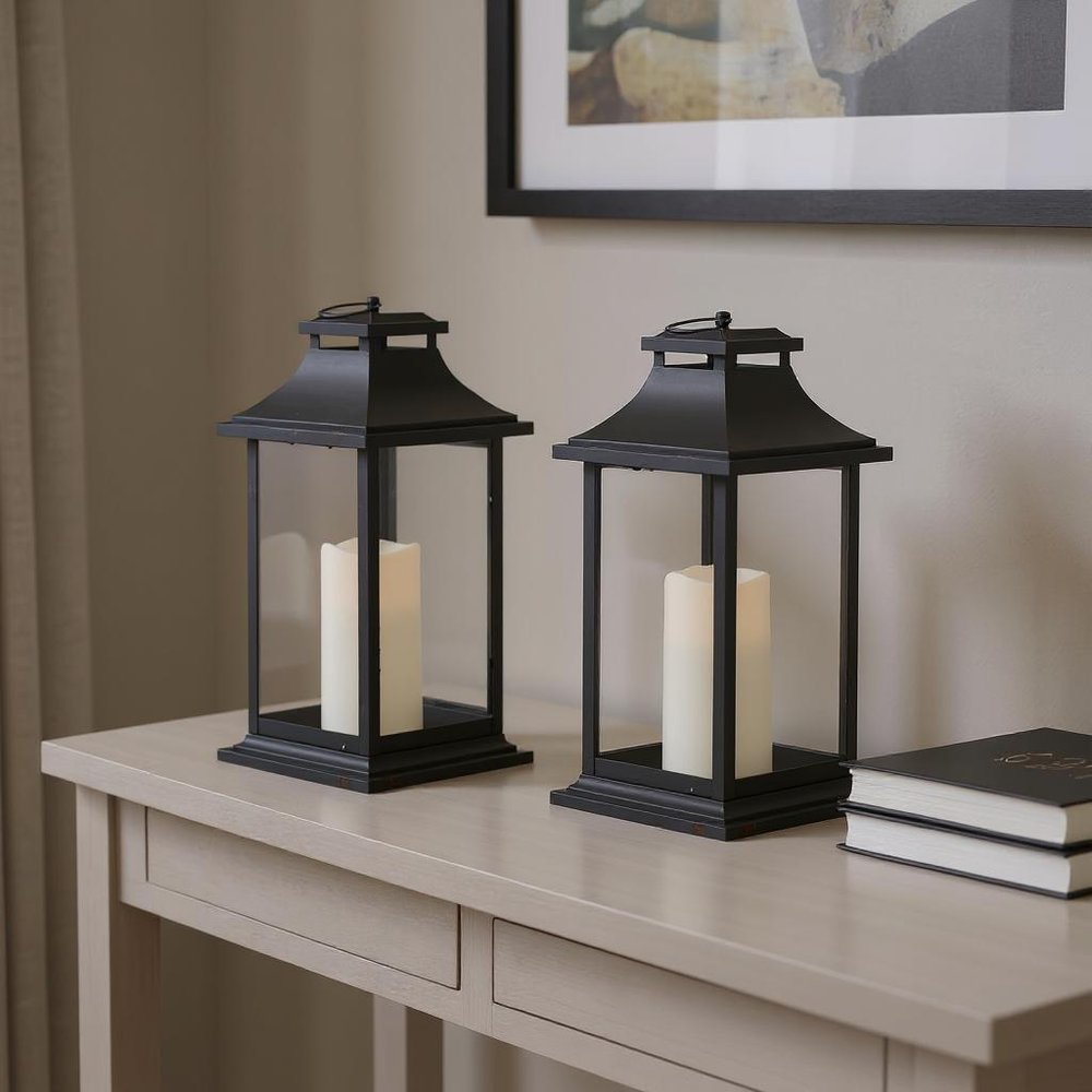 Set of Two Black Floor Lantern Candle Holders With Candles