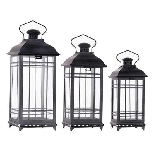 Set of Three Gray Distressed Geometric Glass And Metal Floor Lantern Candle Holders