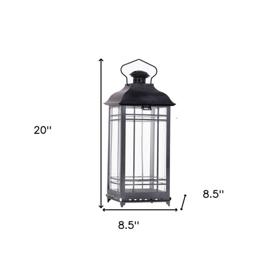 Set of Three Gray Distressed Geometric Glass And Metal Floor Lantern Candle Holders