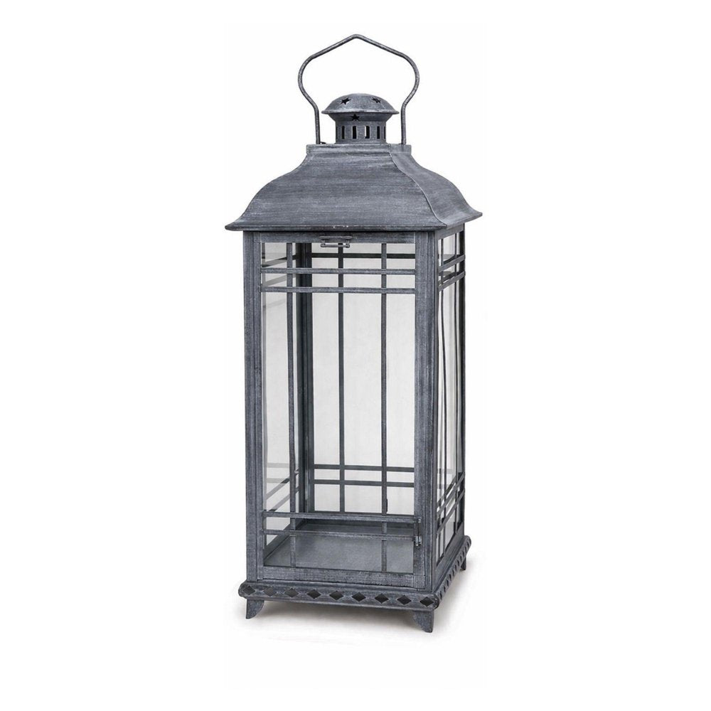 Set of Three Gray Distressed Geometric Glass And Metal Floor Lantern Candle Holders