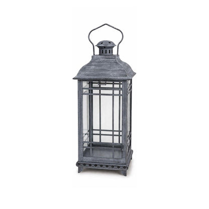 Set of Three Gray Distressed Geometric Glass And Metal Floor Lantern Candle Holders