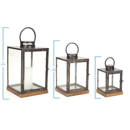 Set of Three Gray And Brown Distressed Geometric Glass Metal And Wood Floor Lantern Candle Holders