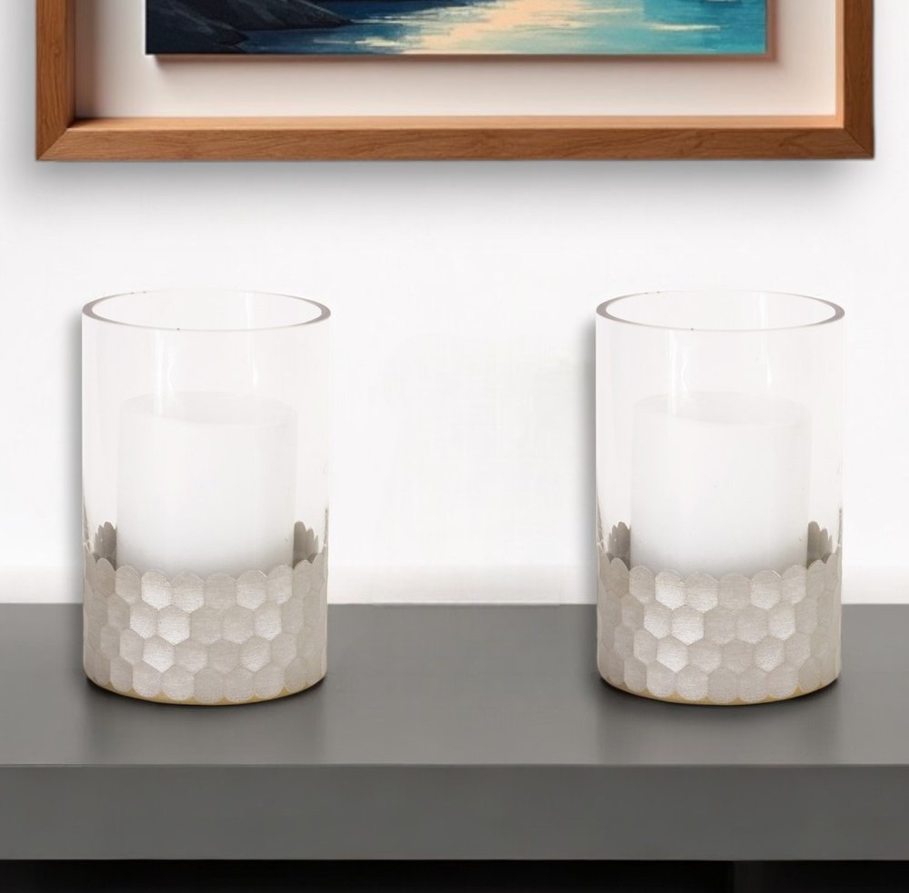 Set of Two Clear and Silver Glass Geometric Tabletop Pillar Candle Holders