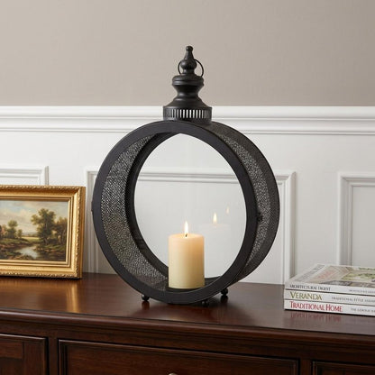 22" Black Distressed Ornate Metal Floor Lantern Candle Holder
