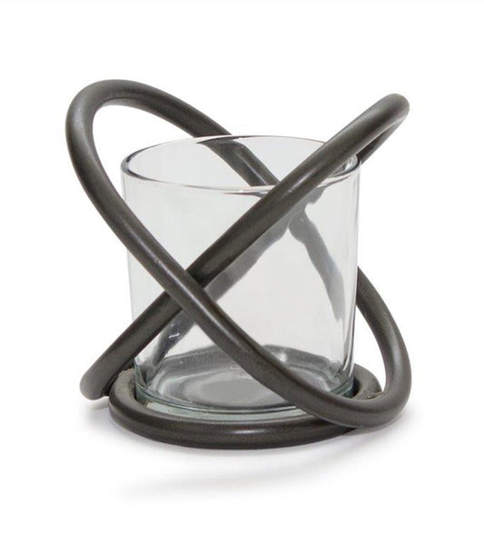 Set of Two Clear And Black Distressed Glass And Metal Tabletop Votive Candle Holders