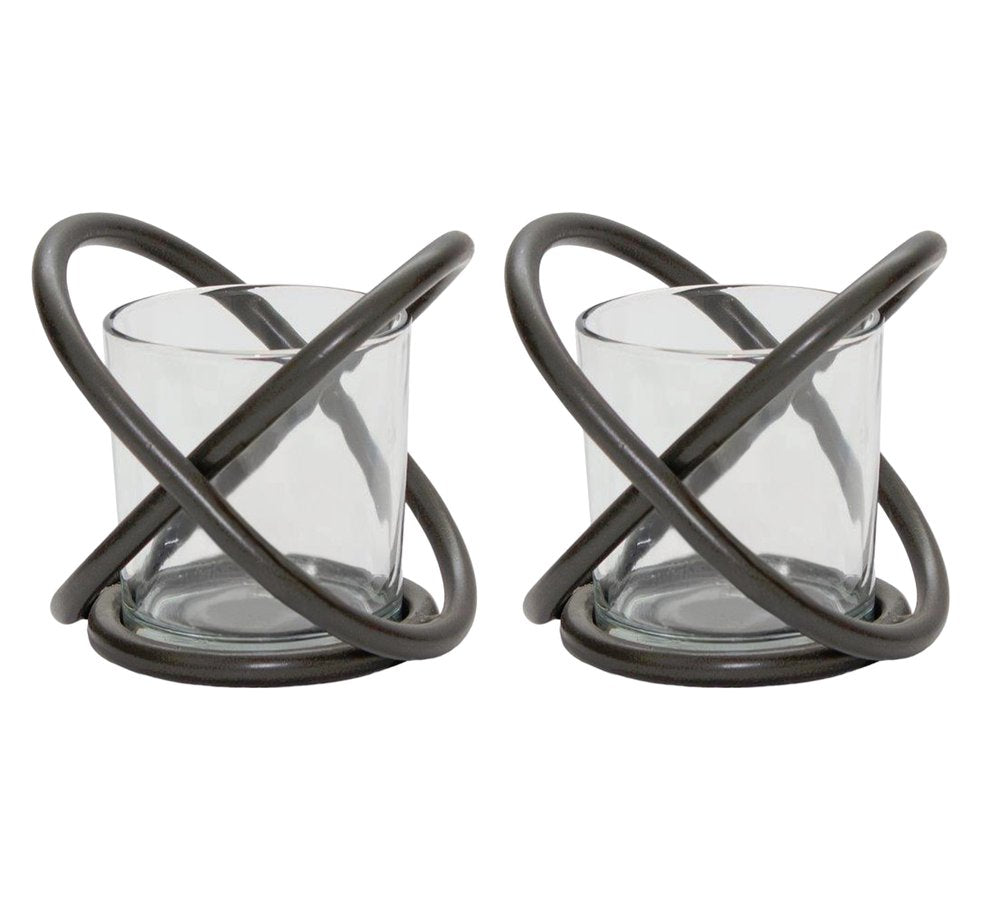 Set of Two Clear And Black Distressed Glass And Metal Tabletop Votive Candle Holders