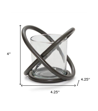 Set of Two Clear And Black Distressed Glass And Metal Tabletop Votive Candle Holders