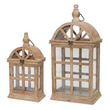 Set of Two Natural Distressed Geometric Wood And Glass Floor Lantern Candle Holders