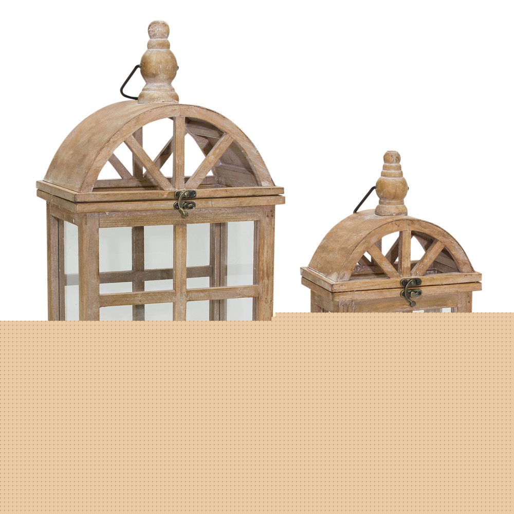 Set of Two Natural Distressed Geometric Wood And Glass Floor Lantern Candle Holders