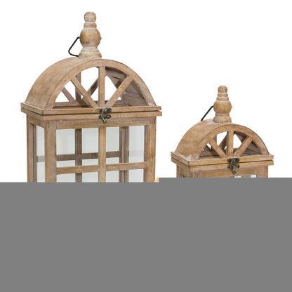 Set of Two Natural Distressed Geometric Wood And Glass Floor Lantern Candle Holders