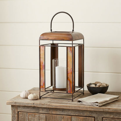 17" Bronze Distressed Geometric Metal And Glass Tabletop Lantern Candle Holder