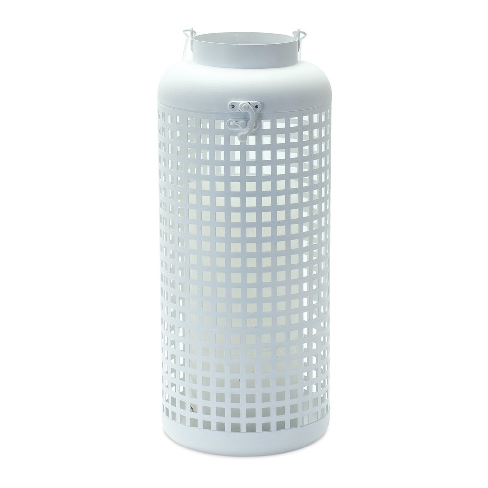 14" White Distressed Lattice Iron Floor Lantern Candle Holder