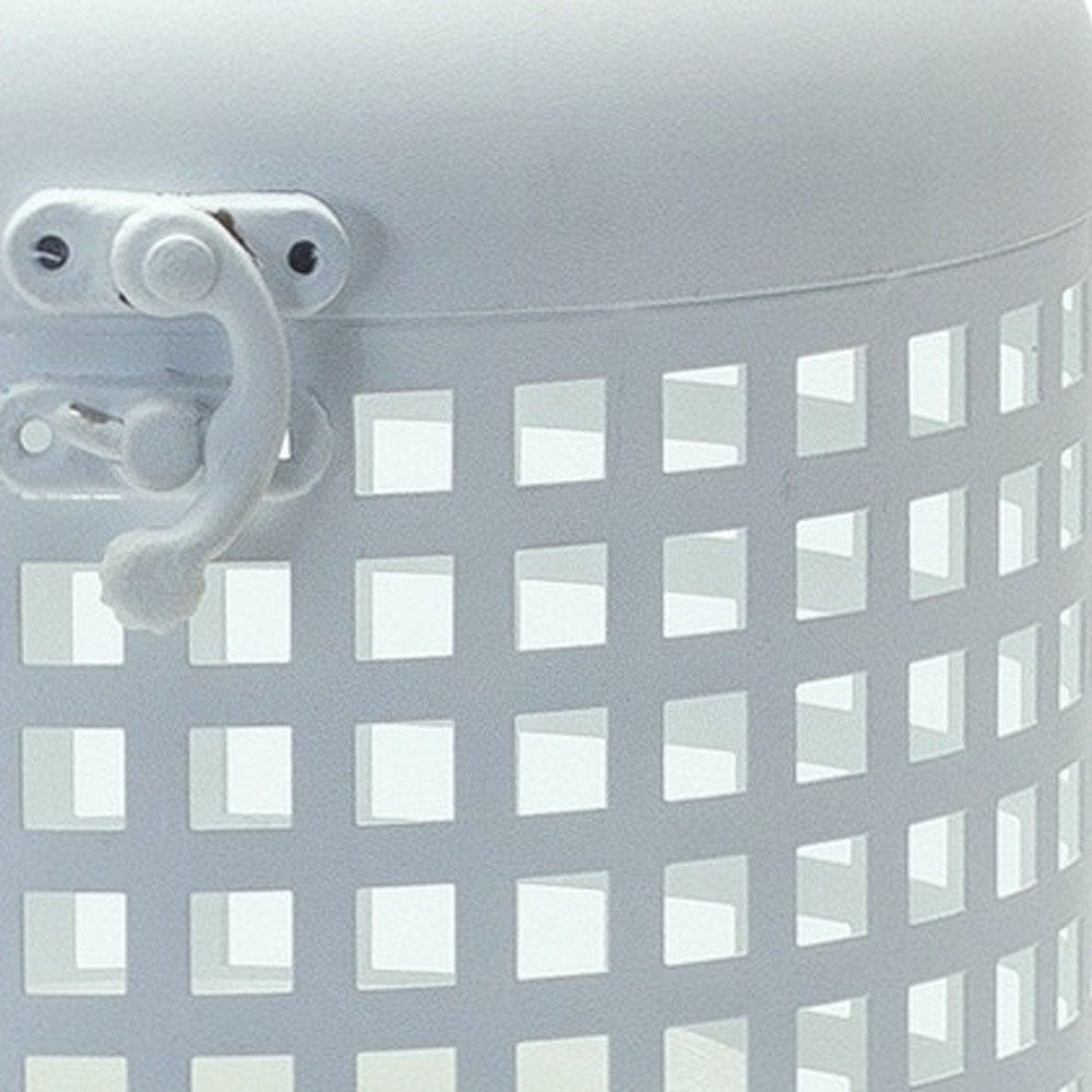 14" White Distressed Lattice Iron Floor Lantern Candle Holder