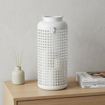 14" White Distressed Lattice Iron Floor Lantern Candle Holder