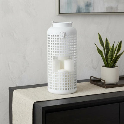 14" White Distressed Lattice Iron Floor Lantern Candle Holder